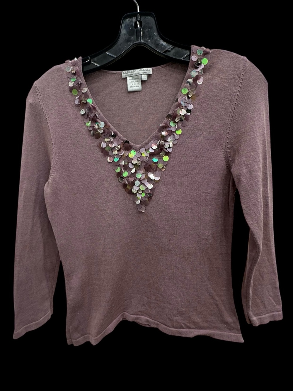 Alberto Makali Mauve Sequin Embellished V Neck Sweater Top Size S